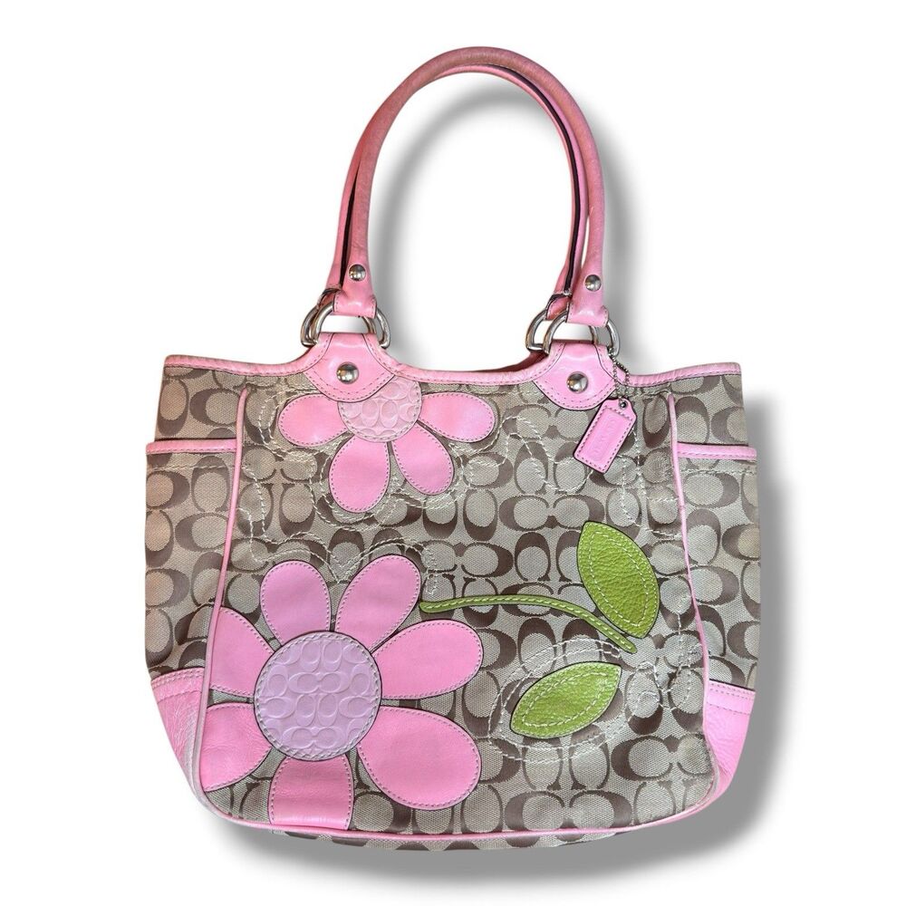 Coach Bleecker Daisy Pink Signature Canvas Leather Shoulder Bag Tote Rare Y2k